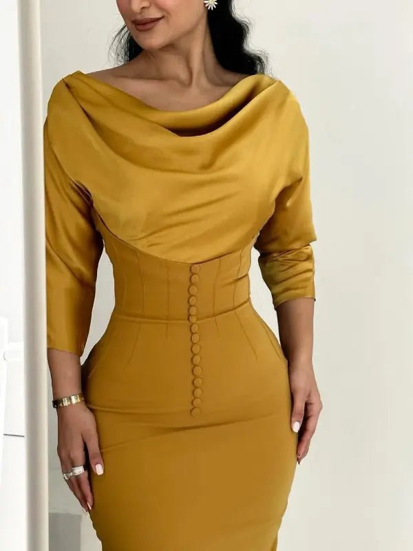 Off-Shoulder Draped Neckline Corset Midi Dress