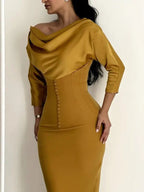 Off-Shoulder Draped Neckline Corset Midi Dress