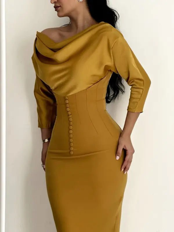 Off-Shoulder Draped Neckline Corset Midi Dress