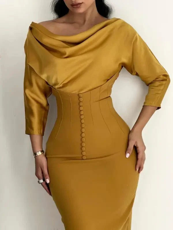 Off-Shoulder Draped Neckline Corset Midi Dress